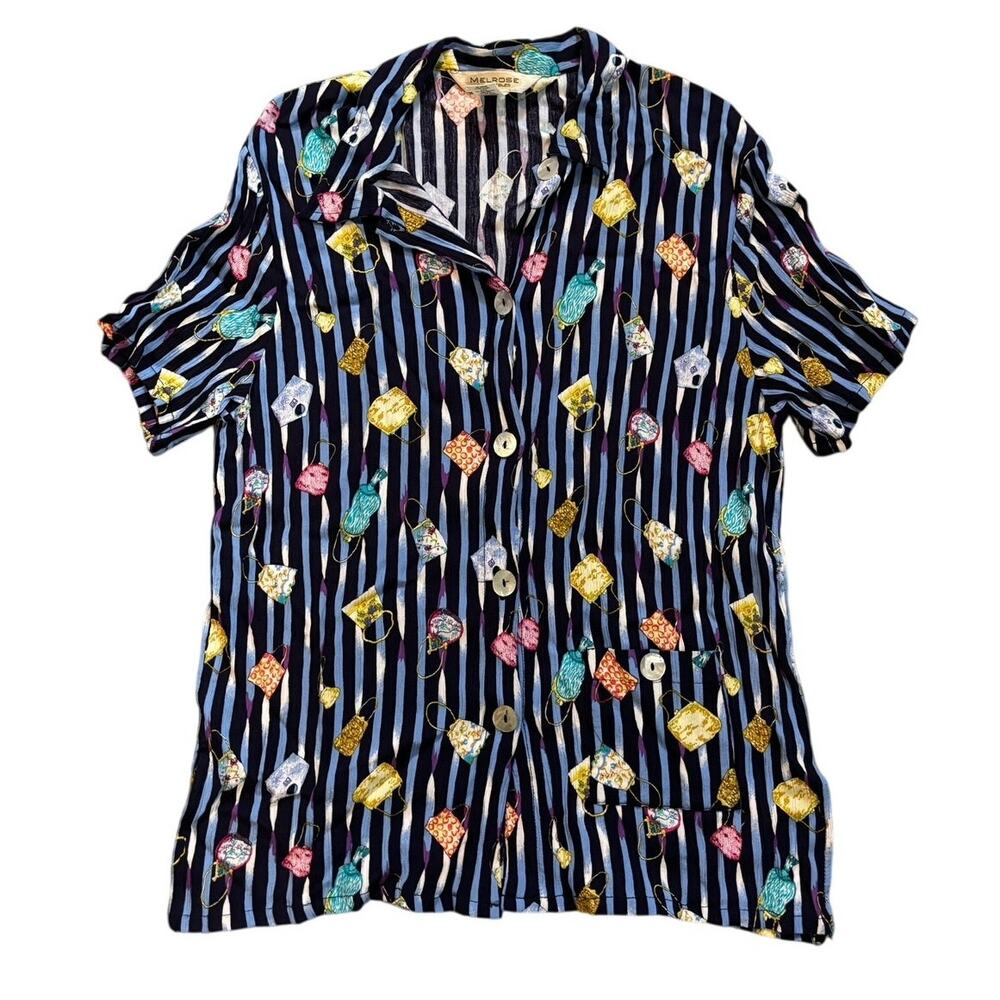 Vintage Melrose Collective 100% Rayon Striped Purse Print Shirt Large